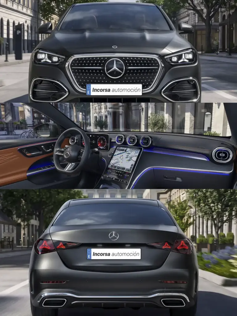 Mercedes-Benz CLA negro visto de frente en una calle urbana