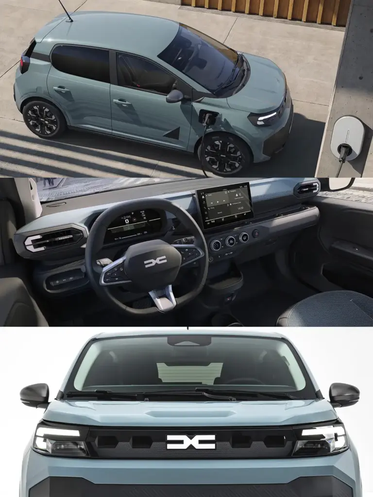 Dacia Spring eléctrico visto desde arriba junto a un punto de carga