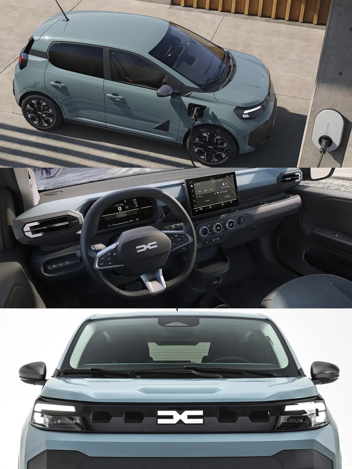Dacia Spring eléctrico visto desde arriba junto a un punto de carga